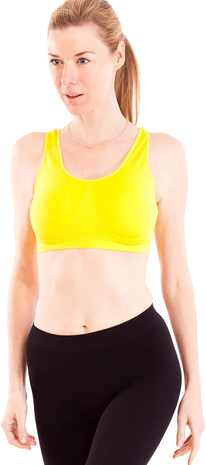 Clothes Effect Yellow Ladies Thick Strap Ribbed Padded Sports Bra at