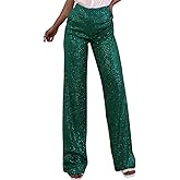 ODIZLI Womens Wide Leg Sparkle Sequin Pants Elastic High Waisted Bling Glitter Dance Pants