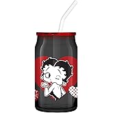 Silver Buffalo Betty Boop Wink and Kiss Glass Jar Tumbler with Bamboo Lid and Glass Straw, 16 Ounces