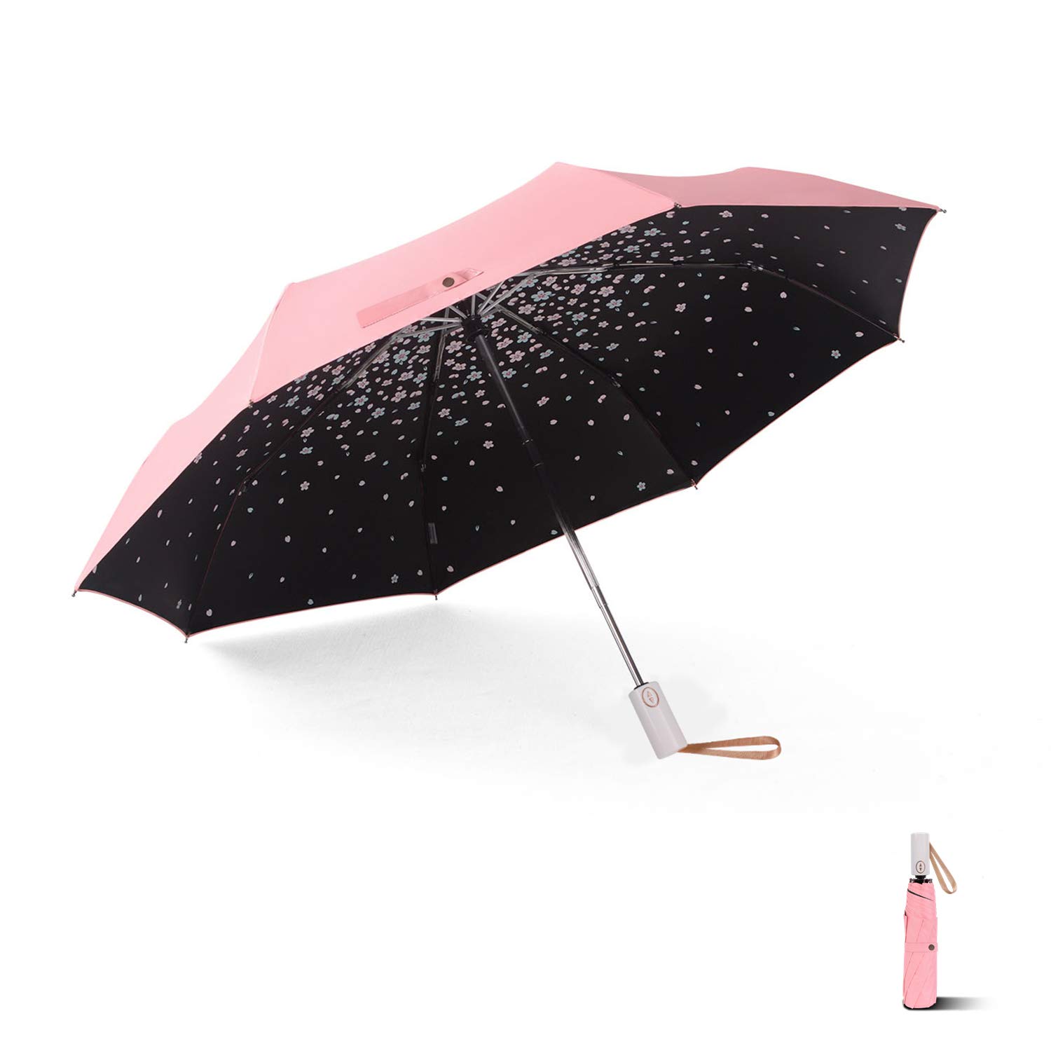 Meiyijia Travel Umbrella, large Umbrella, Waterproof, UV Resistance, Auto Open and Close, Unfolding 100cm (Pink + Cherry Blossom)