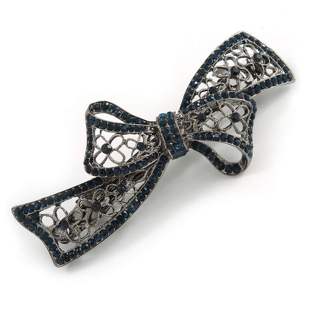 Exquisite Floral Filigree Montana Blue Crystal 'Perfect Bow' Barrette Hair Clip Grip In Gunmetal Finish - 90mm Across