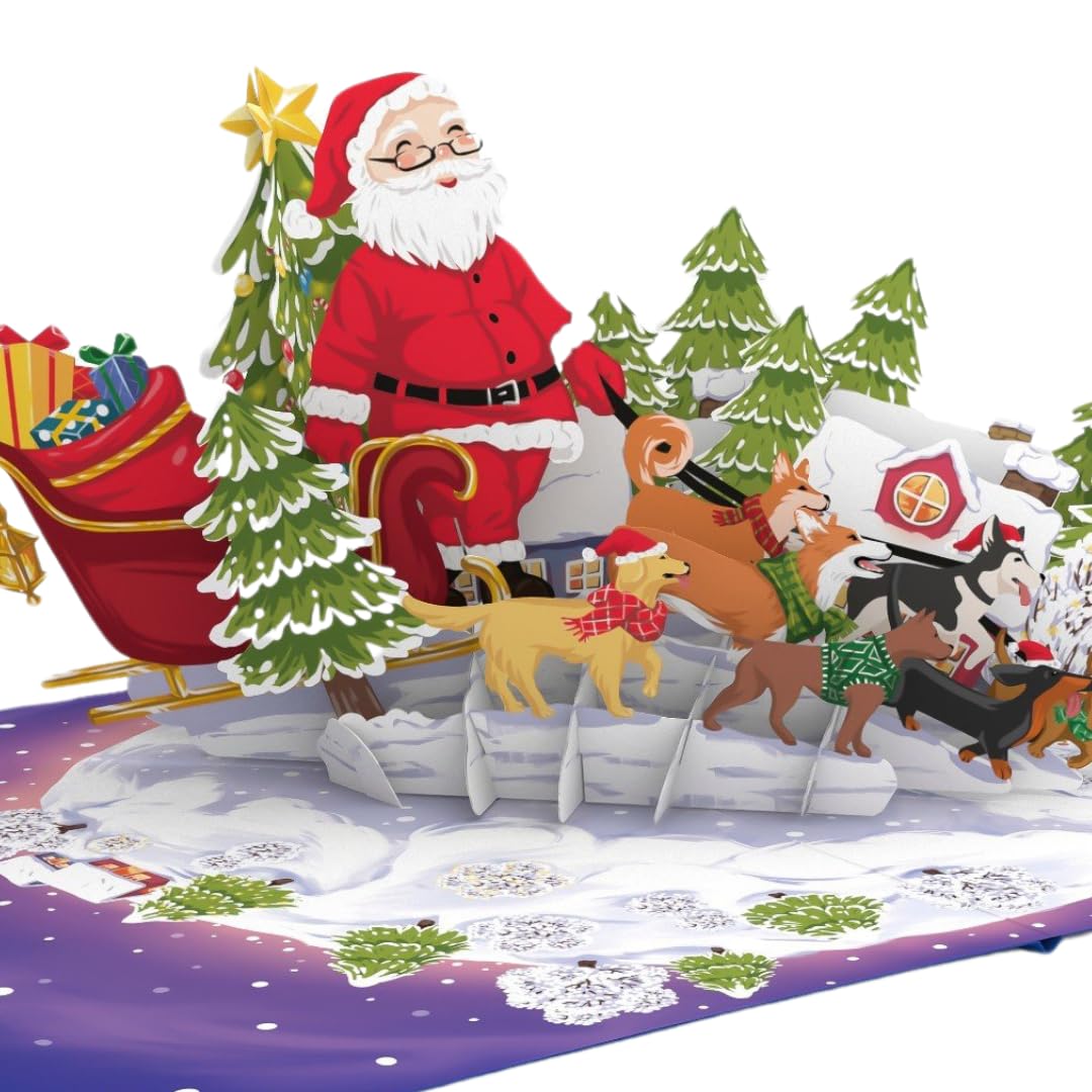 Three Dee Cards - Santa's Sleigh with Adorable Dogs Christmas 3D Special Pop Up Greeting Card for Daughter Son In Law Husband Wife Brother Sister Mum and Dad Family Holiday Pop-up