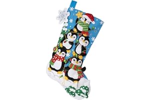 Bucilla Felt Applique 18" Stocking Making Kit, Penguin Tree Trimming, Perfect for Holiday DIY Needlepoint Arts and Crafts, 89