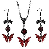Gothic Butterfly Necklace Earring Set for Women Vintage Blood Red Crystal Butterfly Pendant Necklace Dark Style Butterfly Drop Dangle Earrings Goth Mystery Costume Accessories Halloween Horror Cute Insect Jewelry