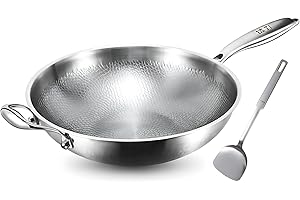 XQWANG Titanium Wok, 12-14.2 Inch Non-Stick Wok Pan with No Chemical Coating, Hammered Stainless Steel Stir Fry Pan with Stay