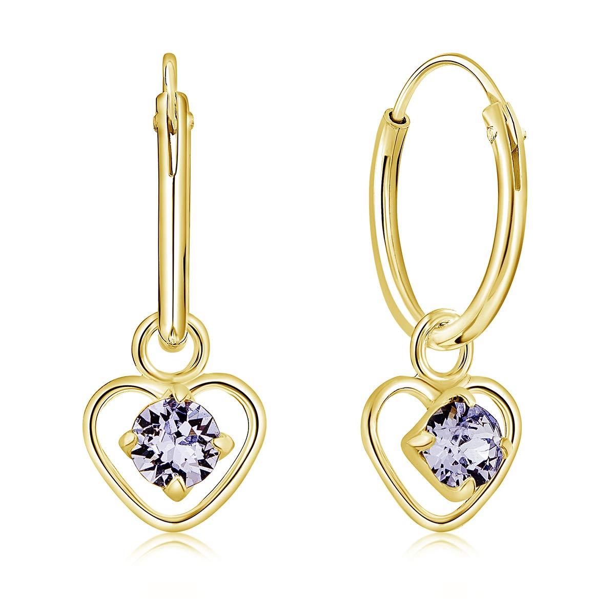 DTPsilver® 925 Sterling Silver Yellow Gold Plated SMALL Hoops Earrings & Dangling Heart with 3 mm Crystals from Swarovski® Elements - Thickness 1.5 mm - Diameter: 14 mm - Colour : Provence Lavender