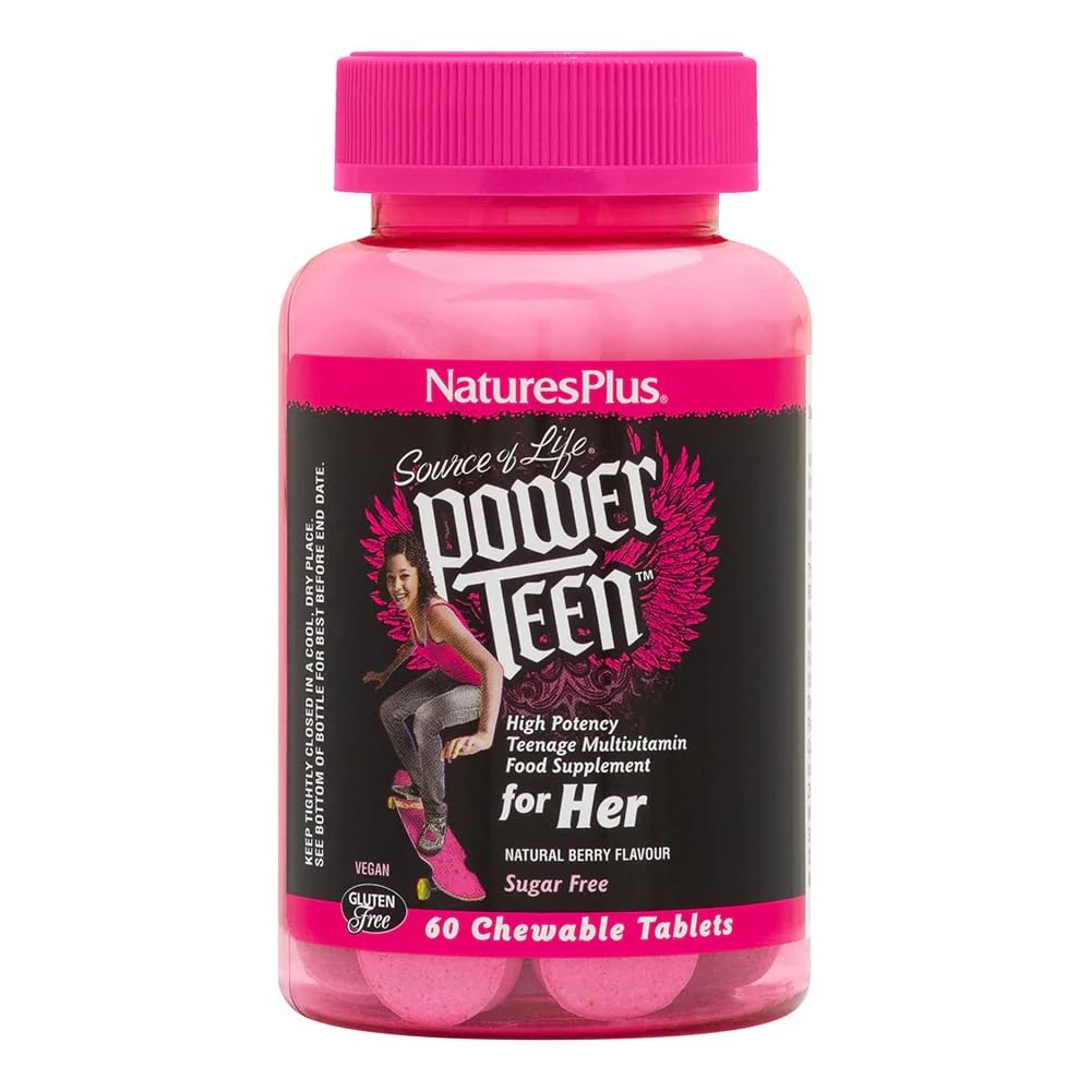 NaturesPlus Source of Life Power Teen for Her - Food Based Chewable Multivitamin Vitamins for Teenagers - Vegan, Gluten Free - 60 Chewable Tablets