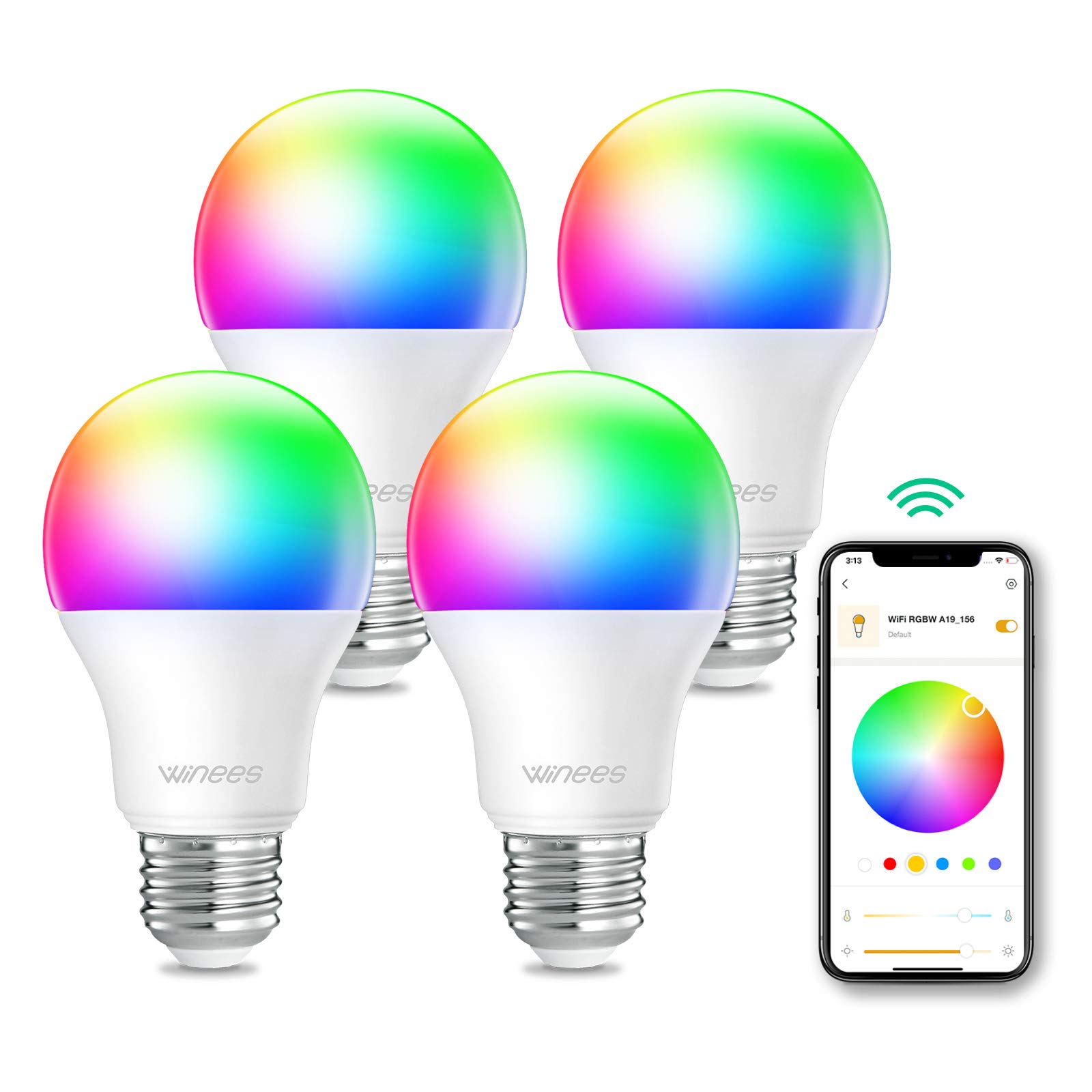 Winees Smart Bulb, Alexa Light Bulbs Dimmable Wi-Fi RGBW LED Colour Changing Light Bulbs Work with Alexa & Google Assistant, Remote Control, Voice Control, No Hub Required,4 Pack [Energy Class A+]