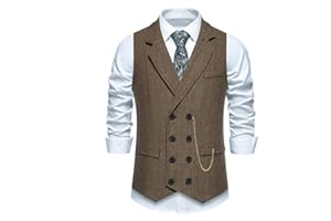 Men's Red Herringbone Tweed Vest Double Breasted Slim Fit Waistcoat with Chain for Wedding Formal Events