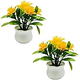 Dwuww 2Pcs Yellow Artificial Flowers, Fake Flowers, Artificial Plants Indoor, Artificial Potted Plants 5 Rose Flower Head Wedding Faux Floral Bonsai Indoor Outdoor Desktop Decoration