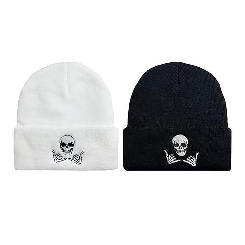 2 Pieces of Knitted Hats, Skull Embroidered Hats, Winter Warm Hats, Unisex, Cold-Proof Beanies Black