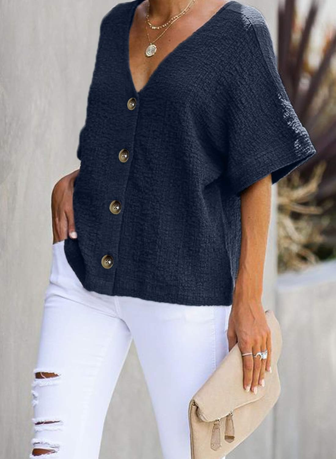 ROSKIKI Women's Button Down V Neck Tops Loose Casual Short Sleeve Shirts Blouses: Clothing