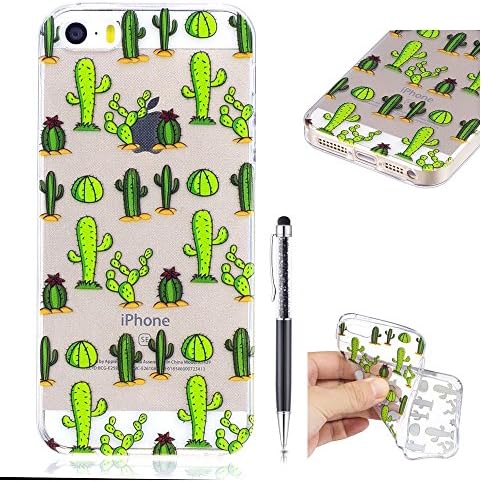 TPU Case for iPhone SE,for iPhone 5S,for iPhone 5, ZCRO Transparent Thin Silicone Gel Clear Soft TPU Bumper Flexible Cute Pattern Design Case Cover with Stylus Pen for iPhone SE 5S 5 (Green Cactus)