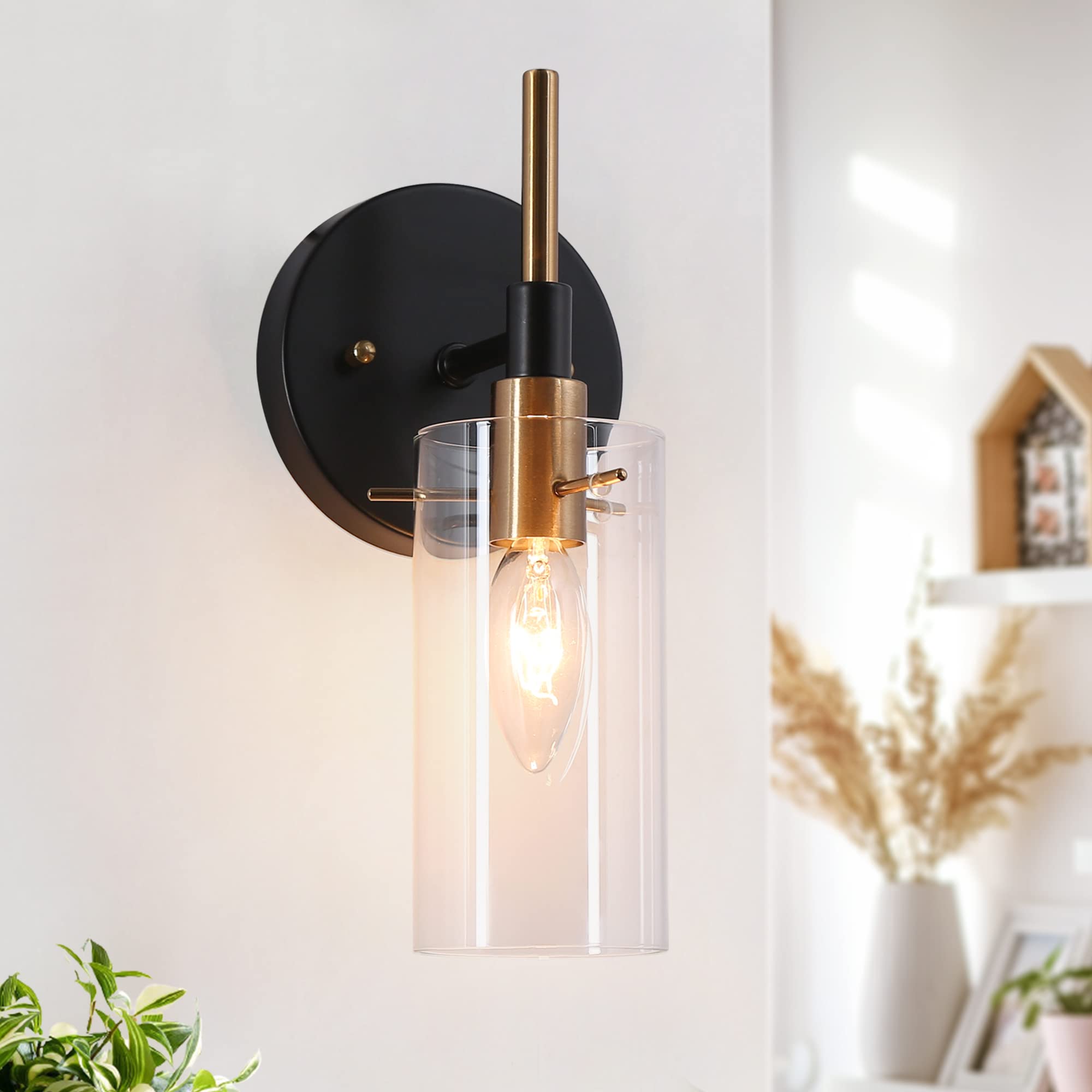 Photo 1 of Durent Lighting Black Gold Wall Sconce, 1-Light Vanity Lights for Bathroom with Glass Shade,4.7" x 5" x 11"