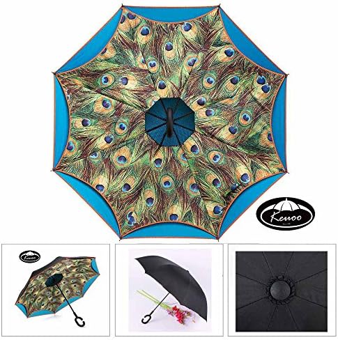 Inverted Umbrella, Inside Out Reverse Folding Umbrella with Double Layer for Car and Outdoor (Peacock Blue)