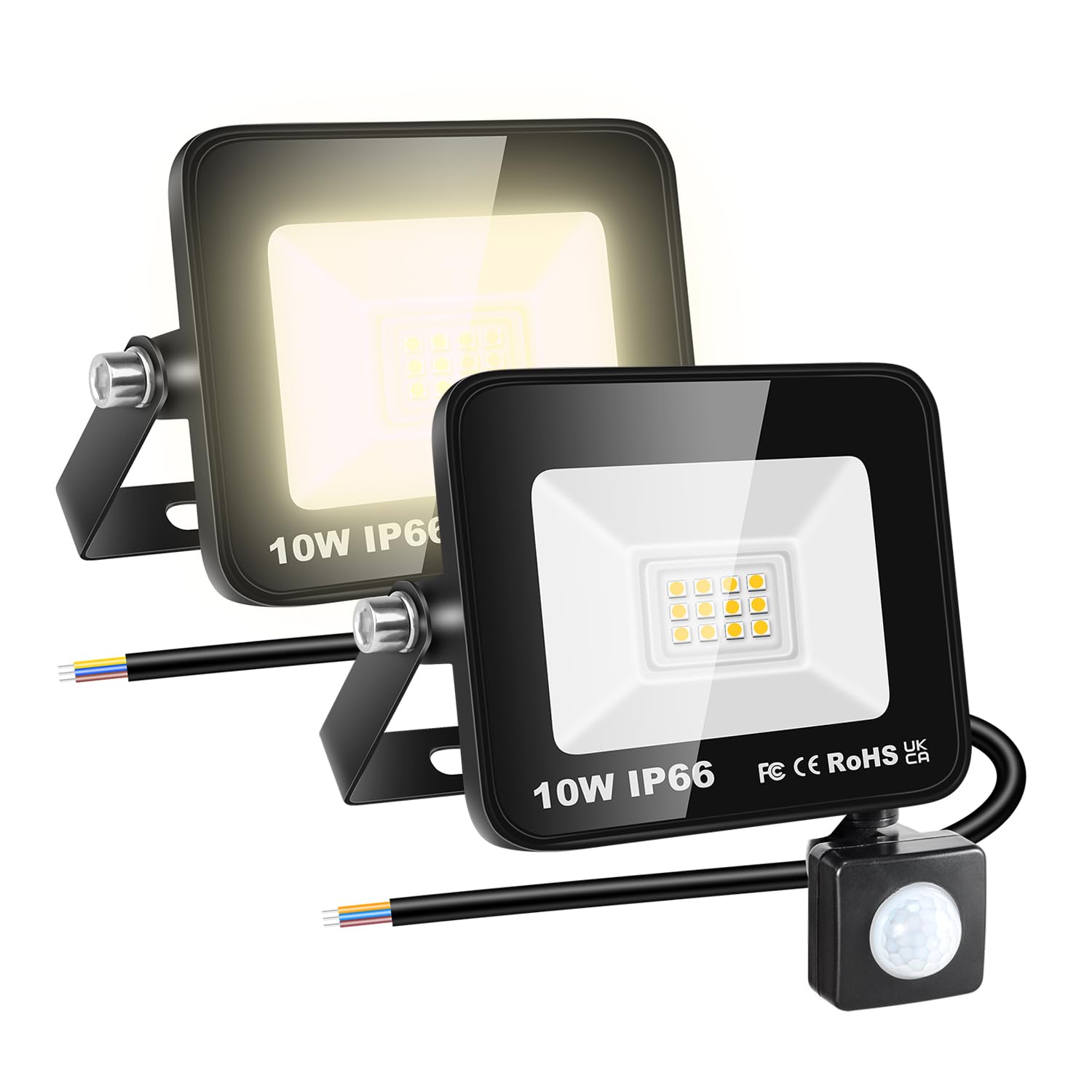 RIGIDON 2 Pcs PIR Motion Sensor Outdoor Floodlight, 10W 1000 Lumens Outside Led Work Light, Daylight Warm White Wall Light for Garden Garage Backyard Patio Lawn House Doorway, IP66 Waterproof 3000K