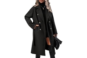 Danedvi Women Elegant Wool Pea Coat Lapel Collar Double Breasted Mid-Long Winter Overcoats with Belted Pockets