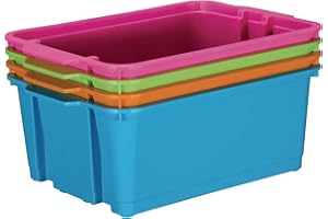 Really Good Stuff Stacking Bins, 14" x 10" x 5 ¾" - 4 Pack, Neon Stackable Storage Plastic Bins for Classroom Organization, Home Storage, Office & Hospital Supplies