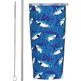 JASROTAO Shark Tumbler,Sharks 20oz Stainless Steel Insulated Travel Tumblers,Travel Coffee Mug with Lid and Straw Water Bottle Drink Tumbler Cups Gifts for Women Men Lovers