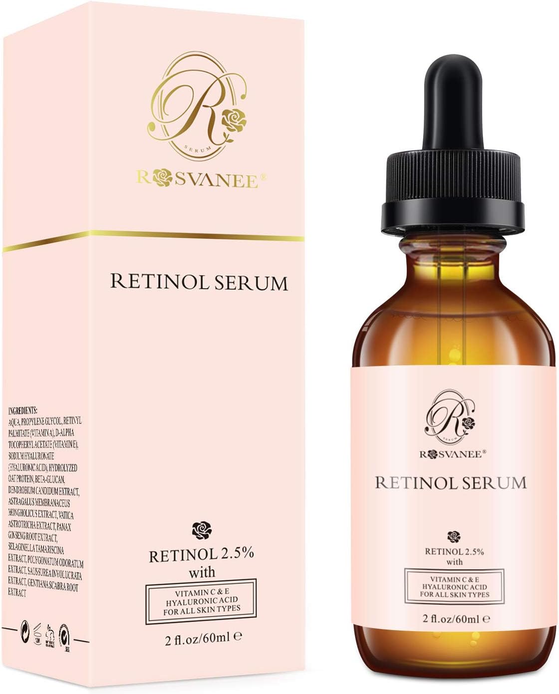 ROSVANEE Retinol Serum for Face 60ml - High Strength with 2.5% Retinol, Hyaluronic Acid, Vitamin C & E, Anti Aging Facial Serum for Skin Repair, Acne, Scar, Dark Spot, Fine Line and Wrinkles