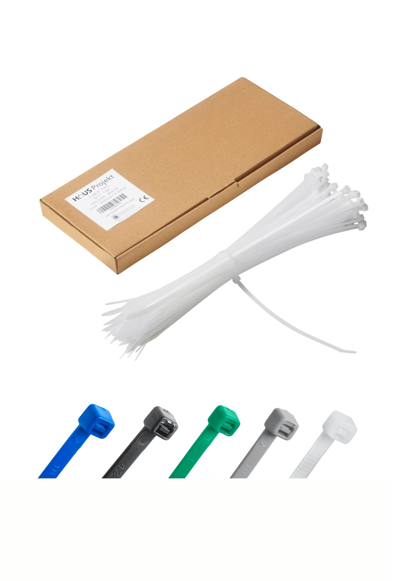 Haus Projekt White 300x4.8mm Cable Ties Heavy Duty, 100pcs Premium Industrial Multi-Purpose Plastic Zip Tie Wraps, Indoor and Outdoor Use, Cable Management, Wires, Office, Garden, Zip Ties White