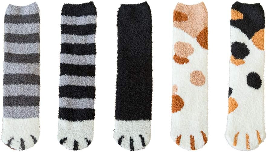 5 Pack Cute Colorful Cat Claw Design Plush Cozy Slipper Sock for Womens Winter Warm