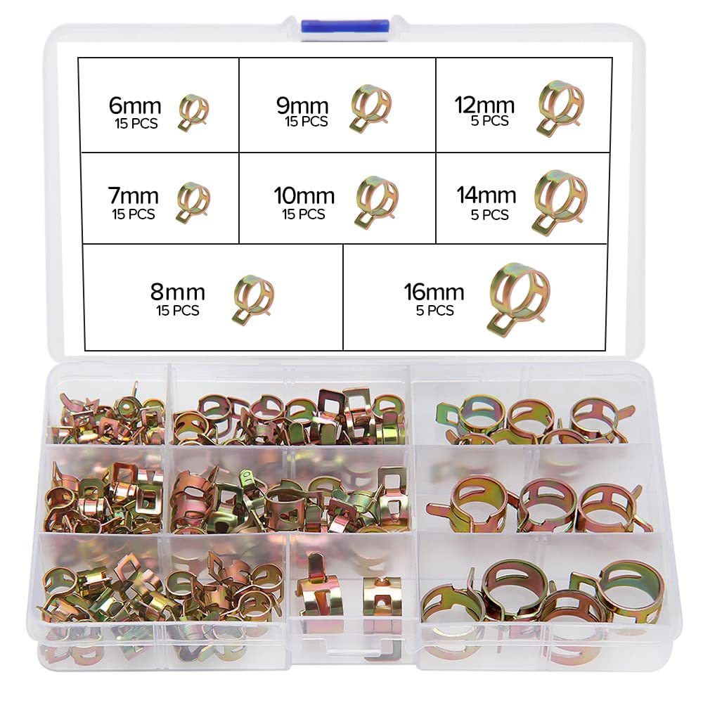 YIXISI Pack of 90 6/7/8/9/10/12/14/16 mm Fuel Line Hose Clamps, Hose Spring Clamp, Petrol Hose Clamps, Water Pipe, Air Hose, Silicone Vacuum Hose Clamp — image 1