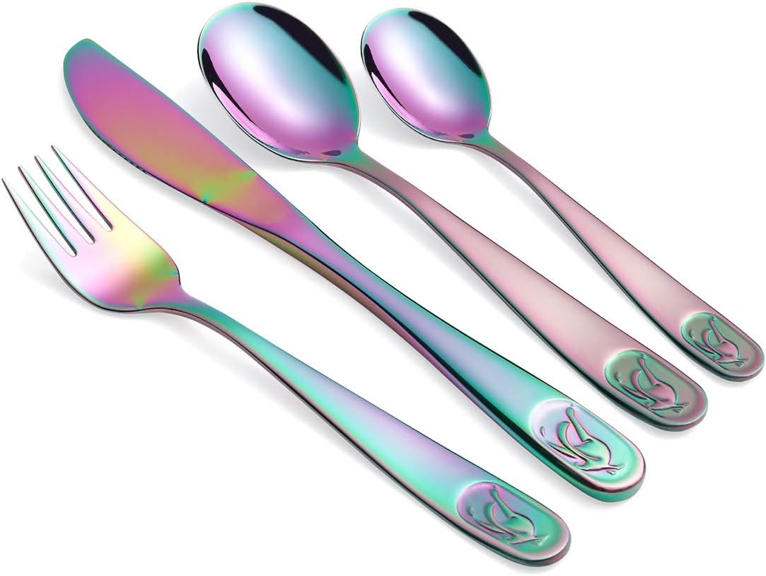 OMGard Children Silverware Rainbow, Kid Flatware Set 12 Pieces Toddler Eating Utensils 18/10 Stainless Steel Child Cutlery for Self Feeding Small Forks, Spoons, Children Safe Dinner Knives Set of 3