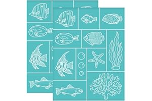 OLYCRAFT 2pcs 8.6x11 inch Self-Adhesive Silk Screen Stencils Fish Silk Screen Printing Stencil Starfish Seaweed Reusable Stencils Ocean Theme Mesh Transfer for Painting on Wood T-Shirts Bags