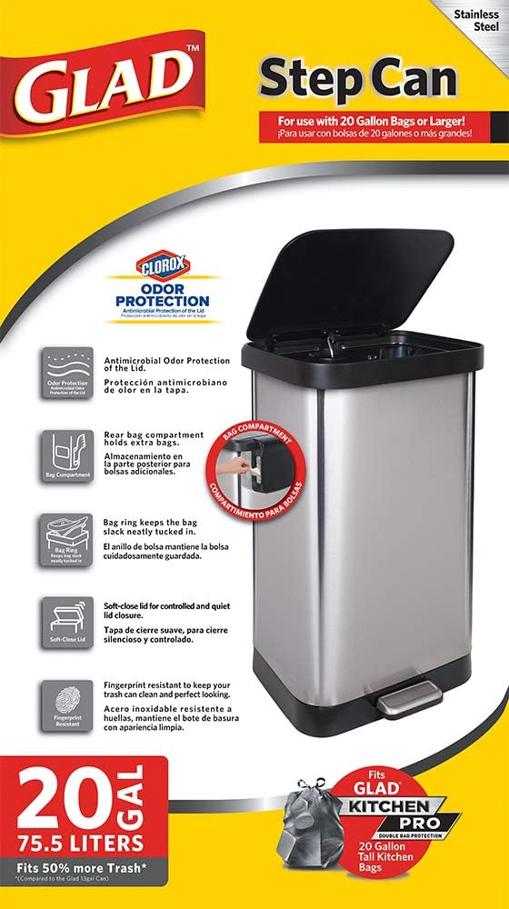 GLAD GLD-74507 Extra Capacity Stainless Steel Step Trash Can with Clorox Odor Protection of The Lid, Fits All 20G Garbage Waste Bags, 20 Gallon: Home & Kitchen