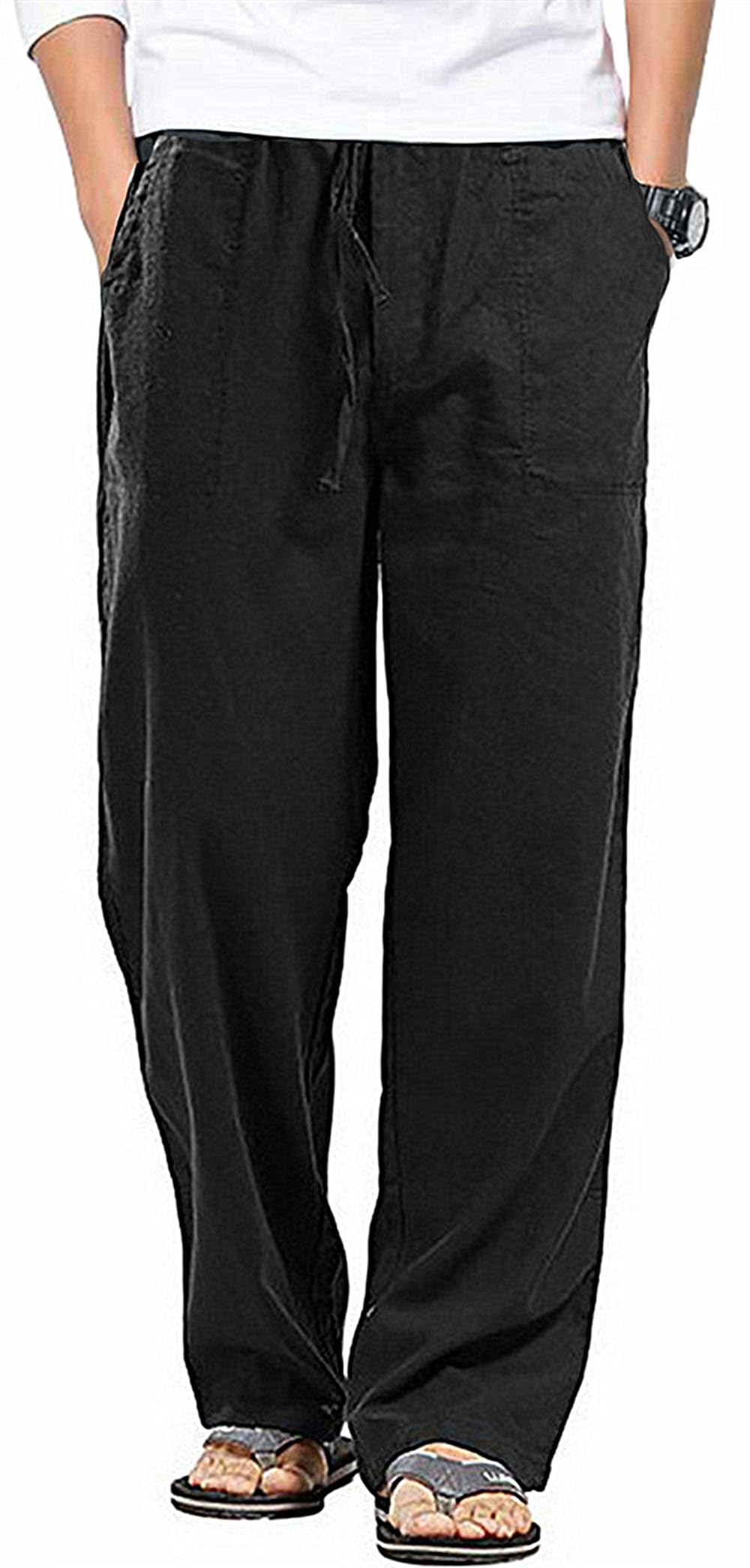 Photo 1 of AITFINEISM Men's Casual Cotton Linen Pants Elastic Waist Lightweight Drawstring Summer Pants (36-38, B-Black)
