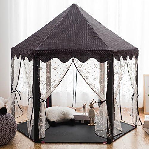 Pericross Snowflake Veil Hexagon Princess Play Tent with Metal Frame and 10M 100 Diodes LED Brasswire Lights and Flash Control (Black)