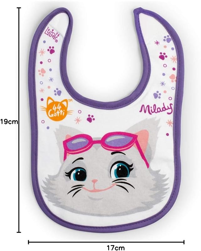 44 GATTI GIRL - 3er-Set aus Babylätzchen, 100% aus weicher Baumwolle mit "44 Katzen" Aufdruck, Lätzchenpackung, Klettverschluss, hypoallergen, wiederverwendbar, unisex, 19 x 17 cm - Bunt
