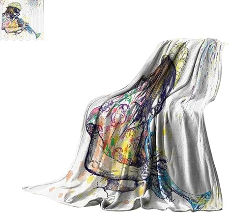 Amazon カスタムホームライフ 軽量ブランケット ジャズ音楽装飾 トランペッターのイラスト 背景にペイントの水しぶき付き エンターテイメントアート パープルイエロー 軽量サーマルブランケット ベッドやカウチ 50インチx30インチ W60 X L80 Inch ブランケット 毛布