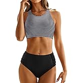 Holipick Women High Waisted Two Piece Bikini Set Racerback Bathing Suit Sporty Crop Top with Bottom for Teen Girls