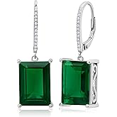 Emerald Cut Gemstone Dangle Earrings for Women in 925 Sterling Silver with Leverback and White Topaz Halo Accents 14mm Birthstone by MAX + STONE