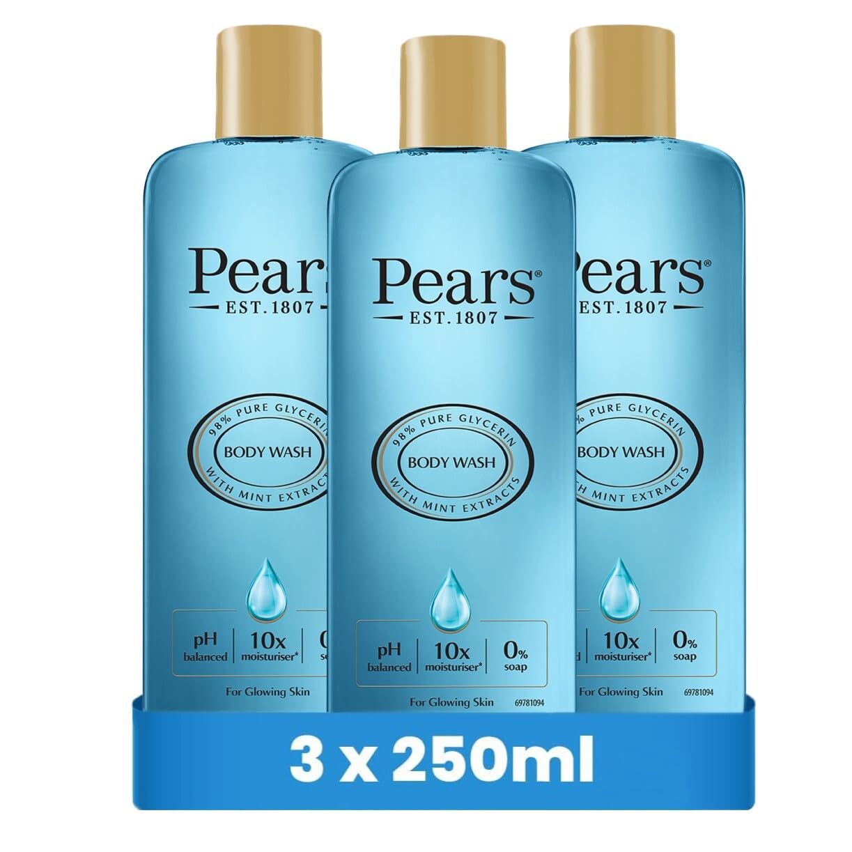 Pears Pure & Gentle Body Wash with Fresh Mint Extract - Nourishing Gel Cleanser with 10x More Moisturiser *- Beauty Bath for Moisturising Care - Suitable for Men and Women - 250ml (3 Pack) — image 1