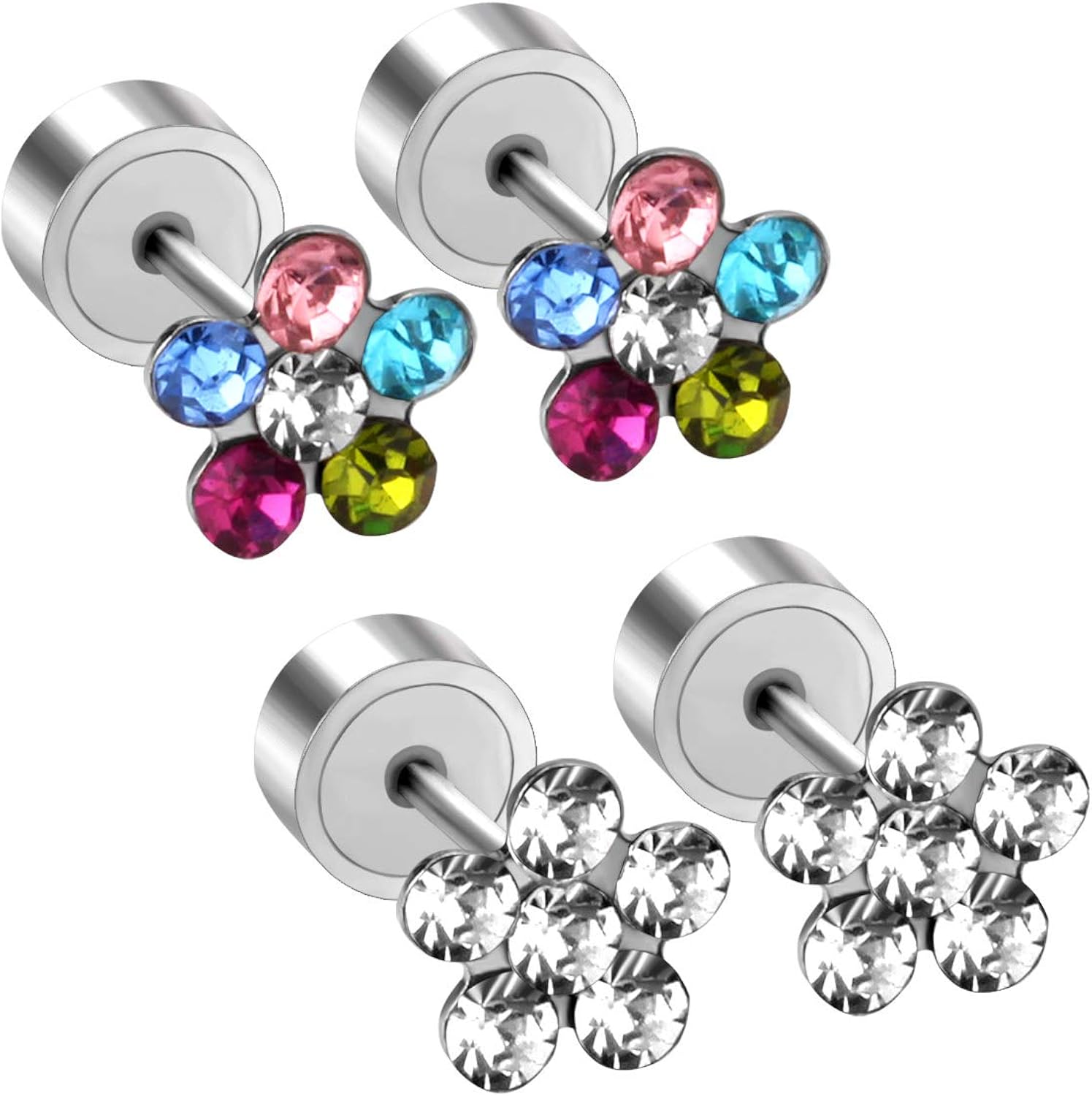LUXU kisskids Colorful Flowers Shape CZ inlaid Stainless Steel Stud Earrings for Teen Girls Women