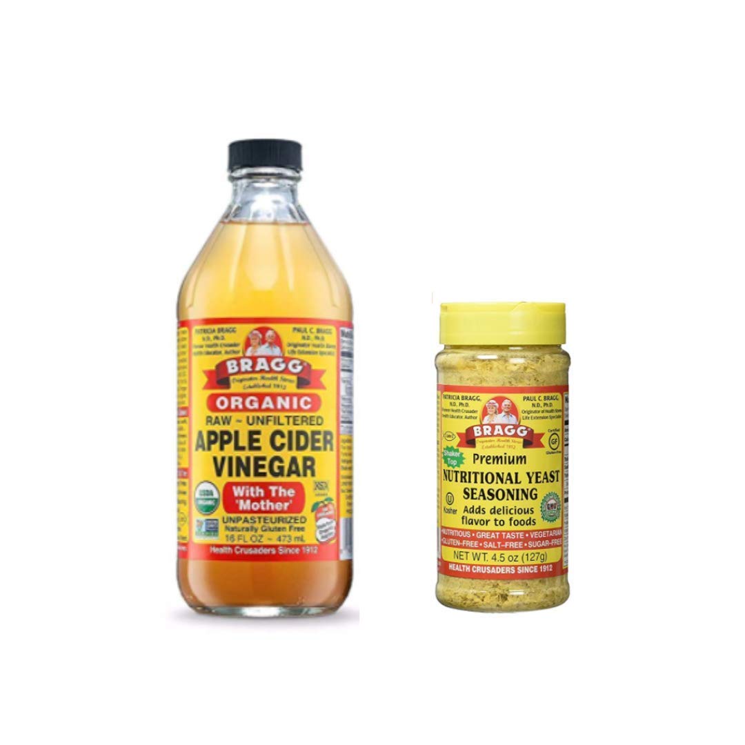 Bragg Organic Apple Cider Vinegar With the Mother 16oz and Nutritional Yeast Seasoning 4.5oz Bundle