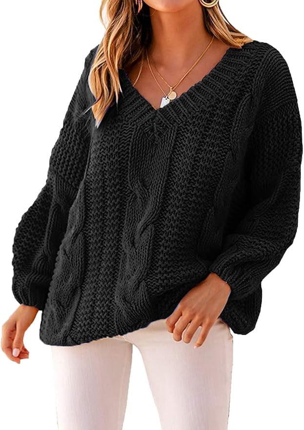 Yidarton Womens Cable Knit V Neck Sweater Casual Batwing Sleeve Loose