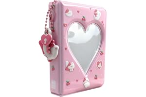 Nextpal Mini Photocard Binder, 3-Inch Heart Hollow Portable Photos Card Book with Lovely Pendant, Cute Style Kpop Card Holder Collectible Album for Fans 40 Pockets (Pink White Cat)