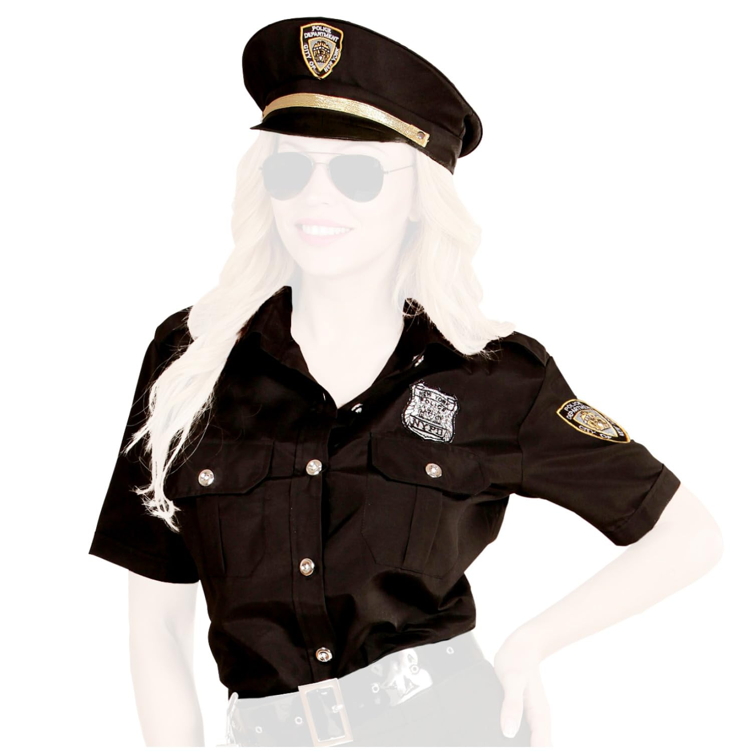 Com-Four® Policewoman Costume - NY Police Officer Blouse and Hat for Carnival, Theme Party, Halloween - Size XL - Black