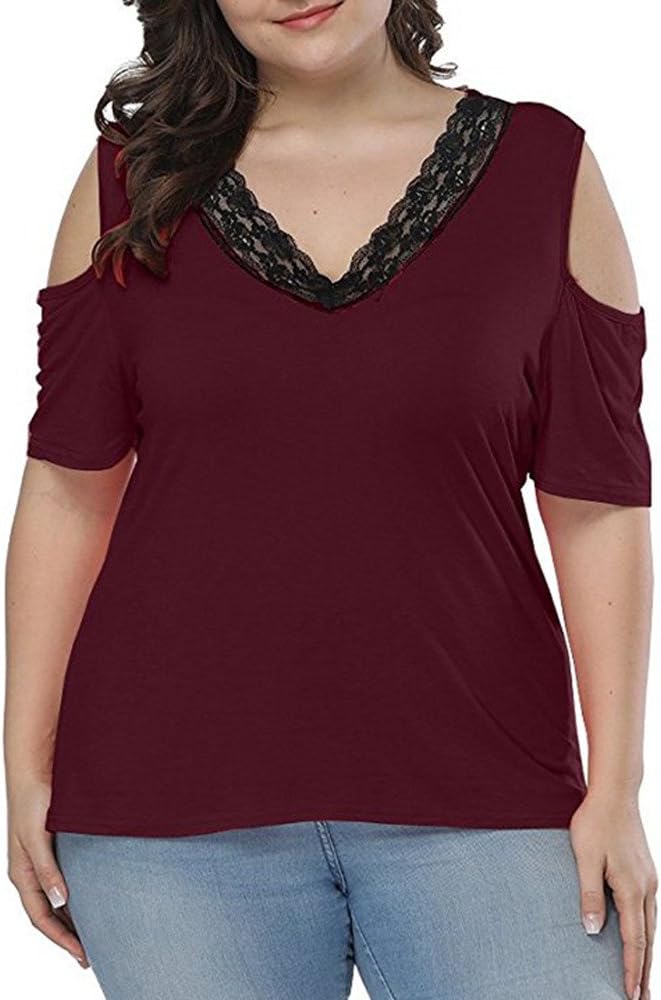 XuxMim Women's Plus Size Lace Short Sleeve Tops V Neck Loose Blouses T Shirt
