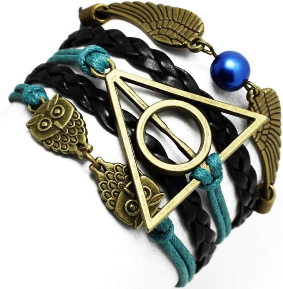 4MEMORYS Vintage Owl Wings Charm Bracelet Handmade Leather Rope Bracelet for Harry Potter Fans
