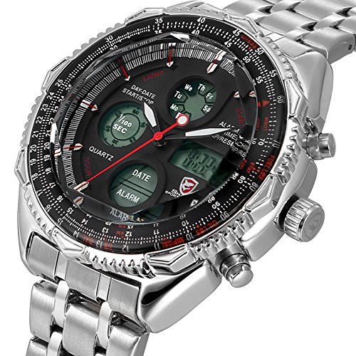 Shark Sport Watch, Mens Digital LCD Quartz Alarm Day Date Stopwatch Stainless Steel Wrist Watch SH111