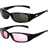 2 Pairs of MF Motowear Bad Attitude Cool Wraparound Motorcycle Sunglasses Black Frames with Smoke & Rose Lenses
