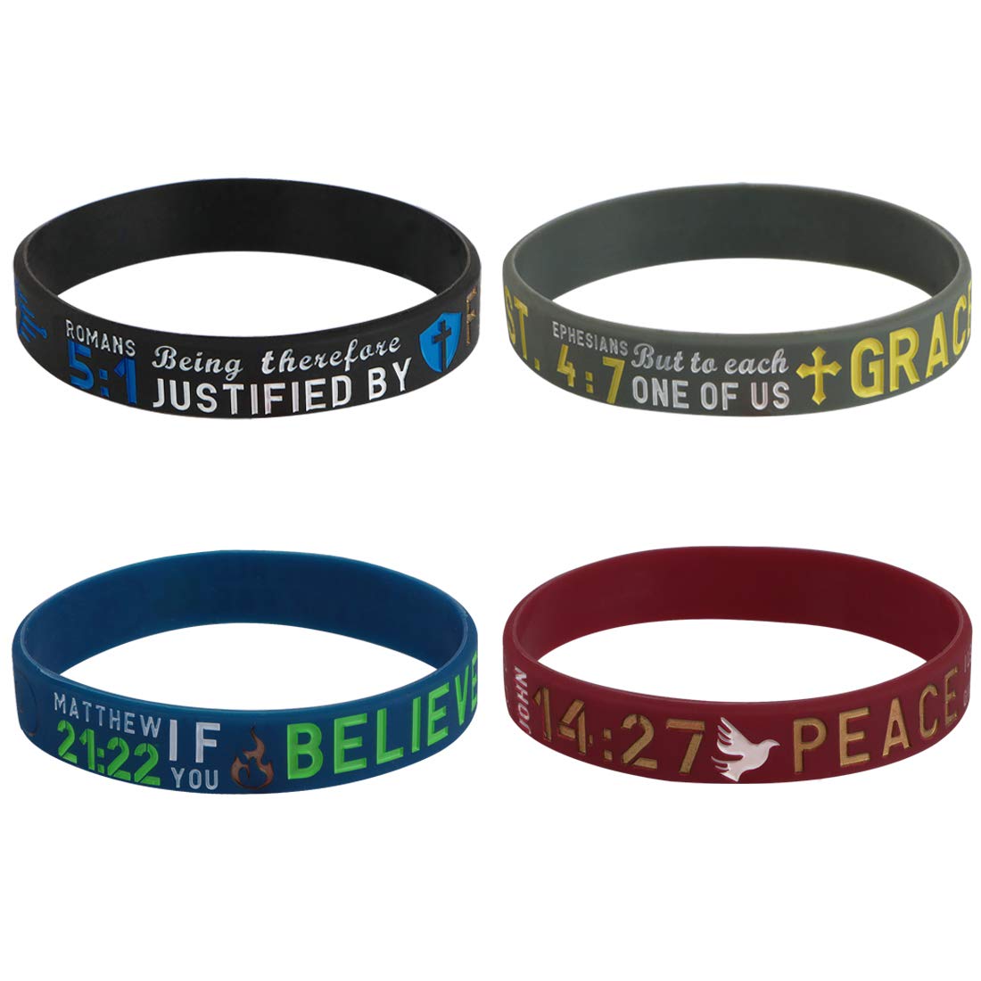 kilofly 4pcs Christian Religious Scripture Bible Verse Rubber Bracelet Wristband