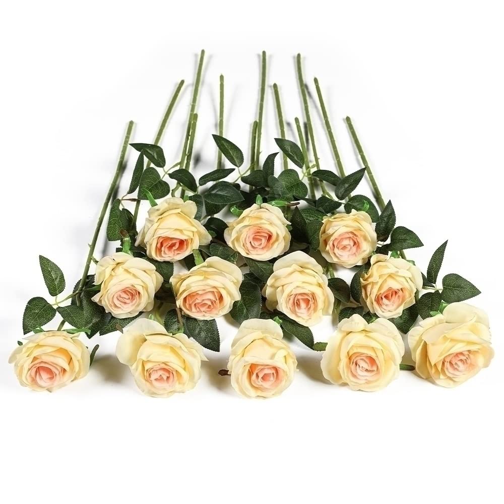 Kisflower 12Pcs Roses Artificial Flowers Fake Silk Rose Flowers Realistic Single Stem Flower Bouquet for Wedding Party Office Home Decor (Champagne)