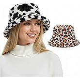 Chicingyou 2 Pack Winter Faux Fur Bucket Hats for Women Men, Warm Fluffy Fisherman Caps with Wide Brim Adjustable Drawstring
