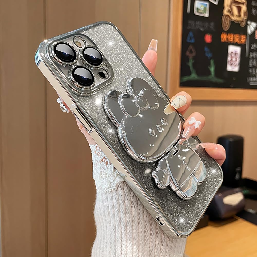 Roemary Mirror Stand Case for iPhone 16e,for iPhone 16e with Makeup Mirror,Cartoon Folding Bracket Kickstand iPhone 16e Case with Camera Protector-Silver Cartoon